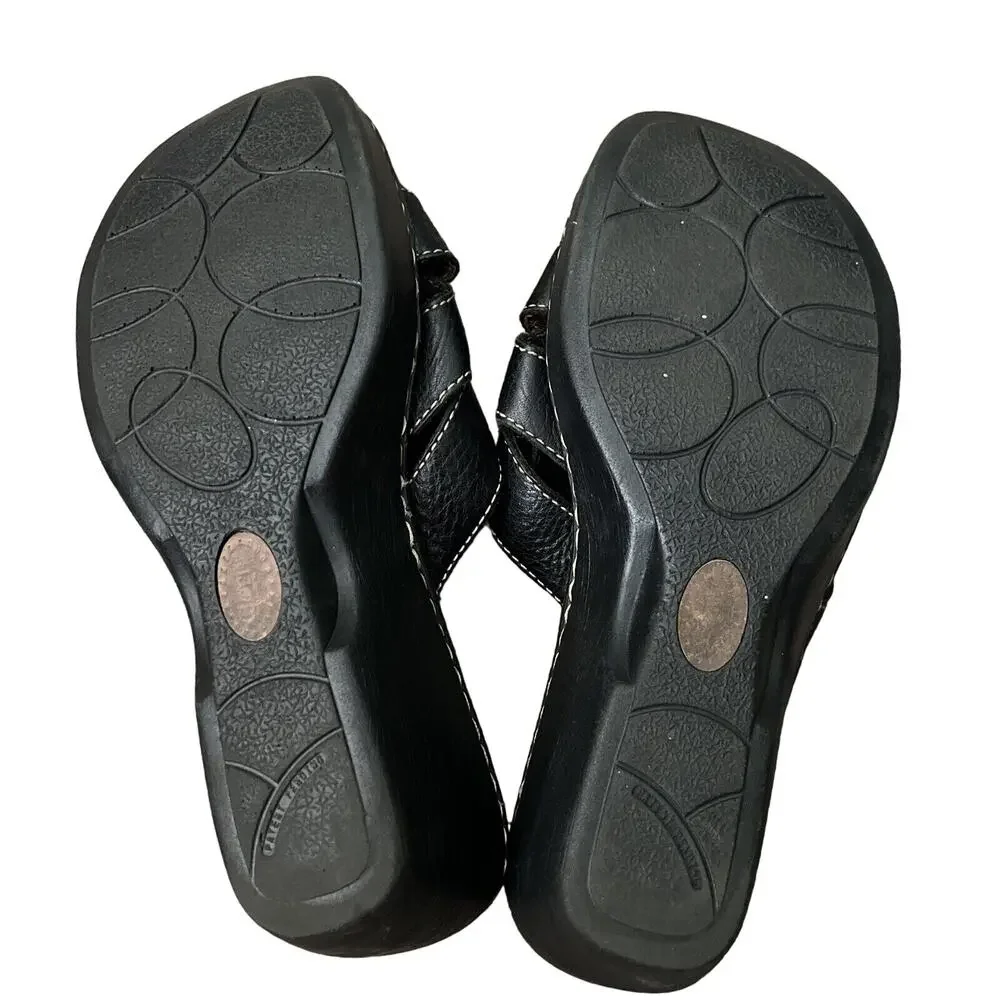 Born Leather Y2K‎ Chuncky Platform Wedges Slip On Strappy Sandals Shoes Black 9